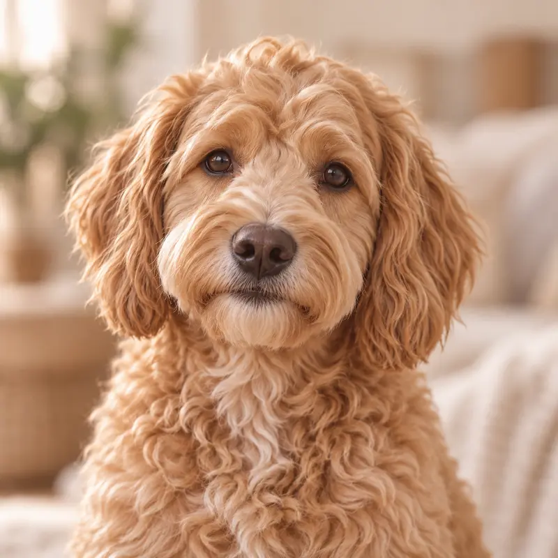 An apricot labradoodle sitting calmly indoors