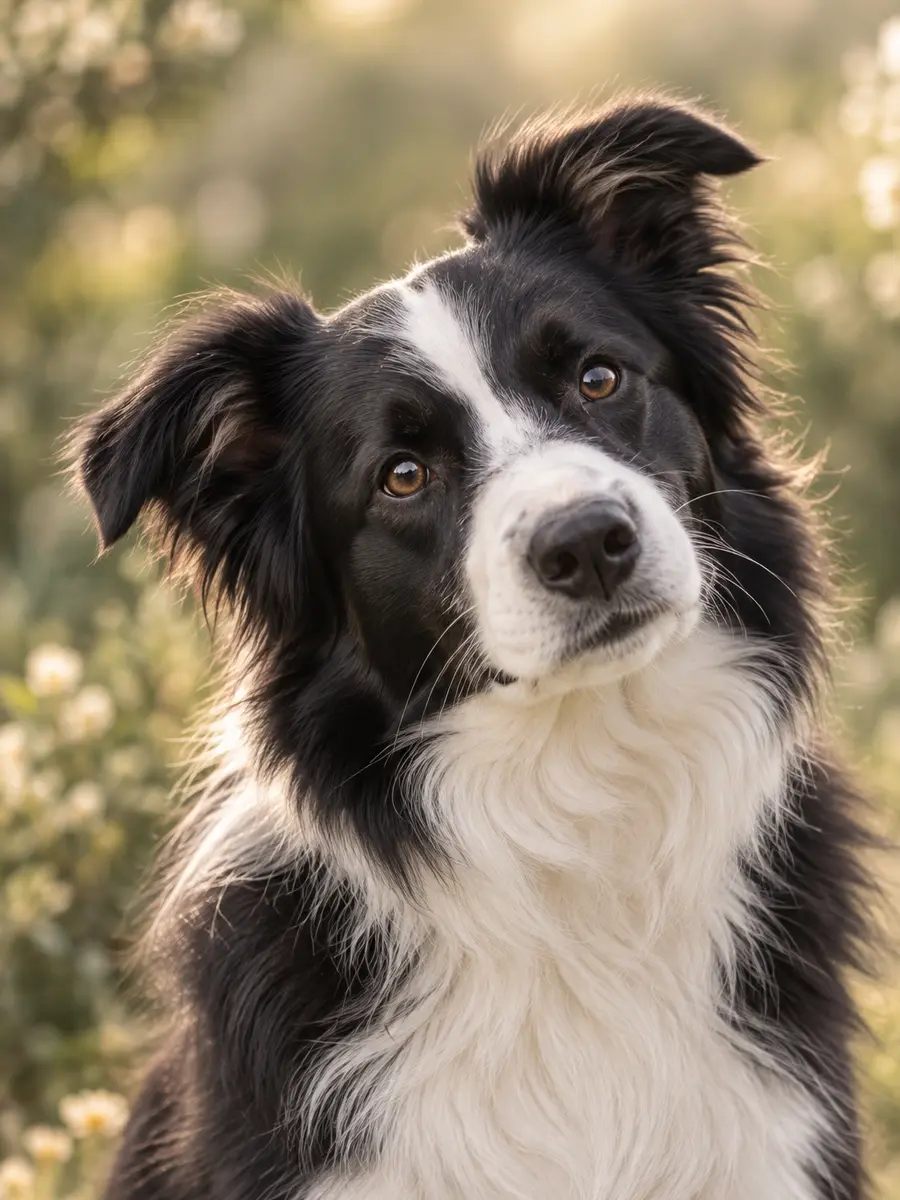 A border collie looking calmly towards the camera