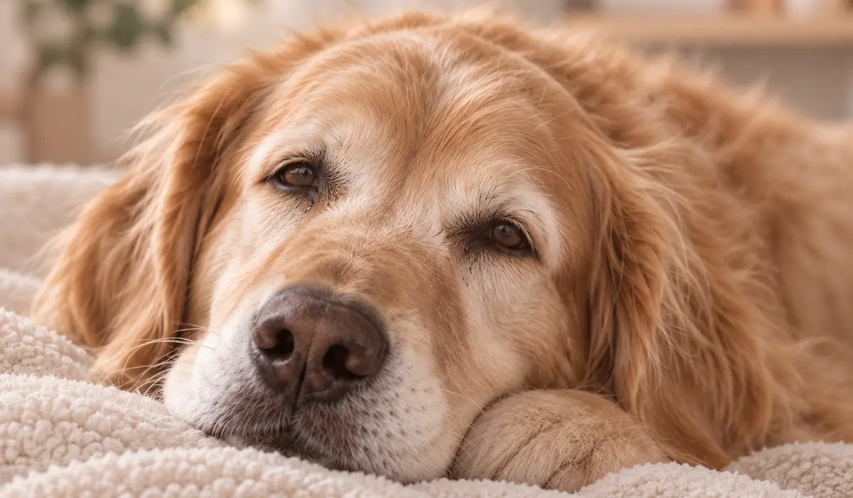 An older golden retriever resting comfortably on a soft blanket