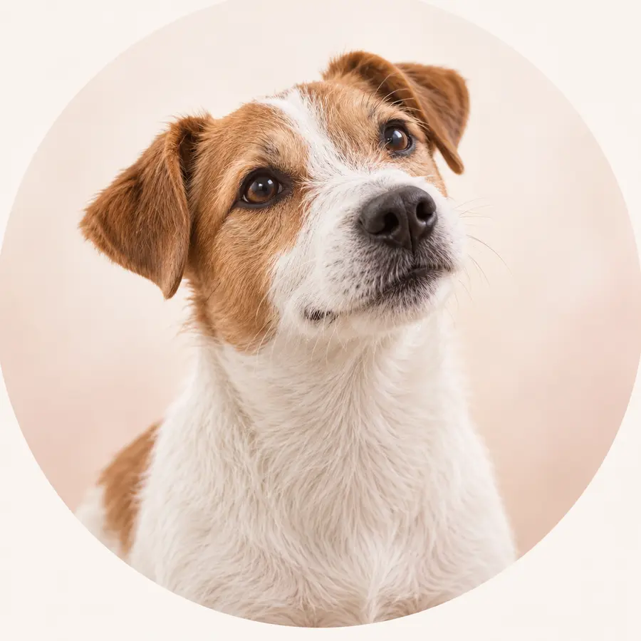 A Jack Russell terrier looking up, alert and relaxed